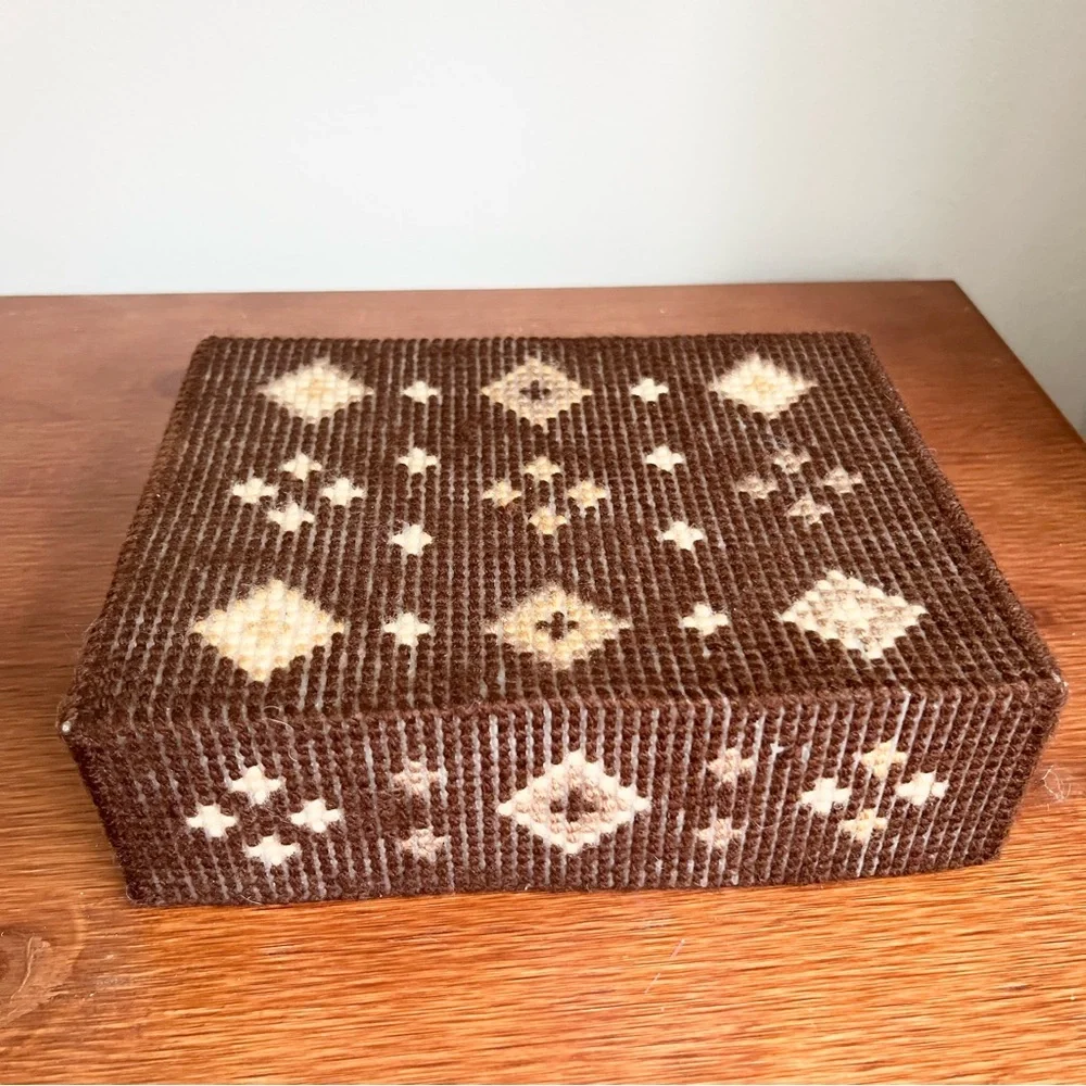 Vintage Handmade Needlepoint Card or Trinket or Keepsake Box Brown Diamonds